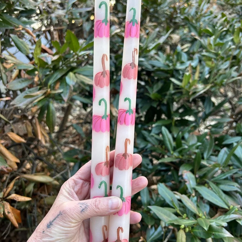 Anthropologie White Taper Candles with Hand painted pumpkin Motif - Pair